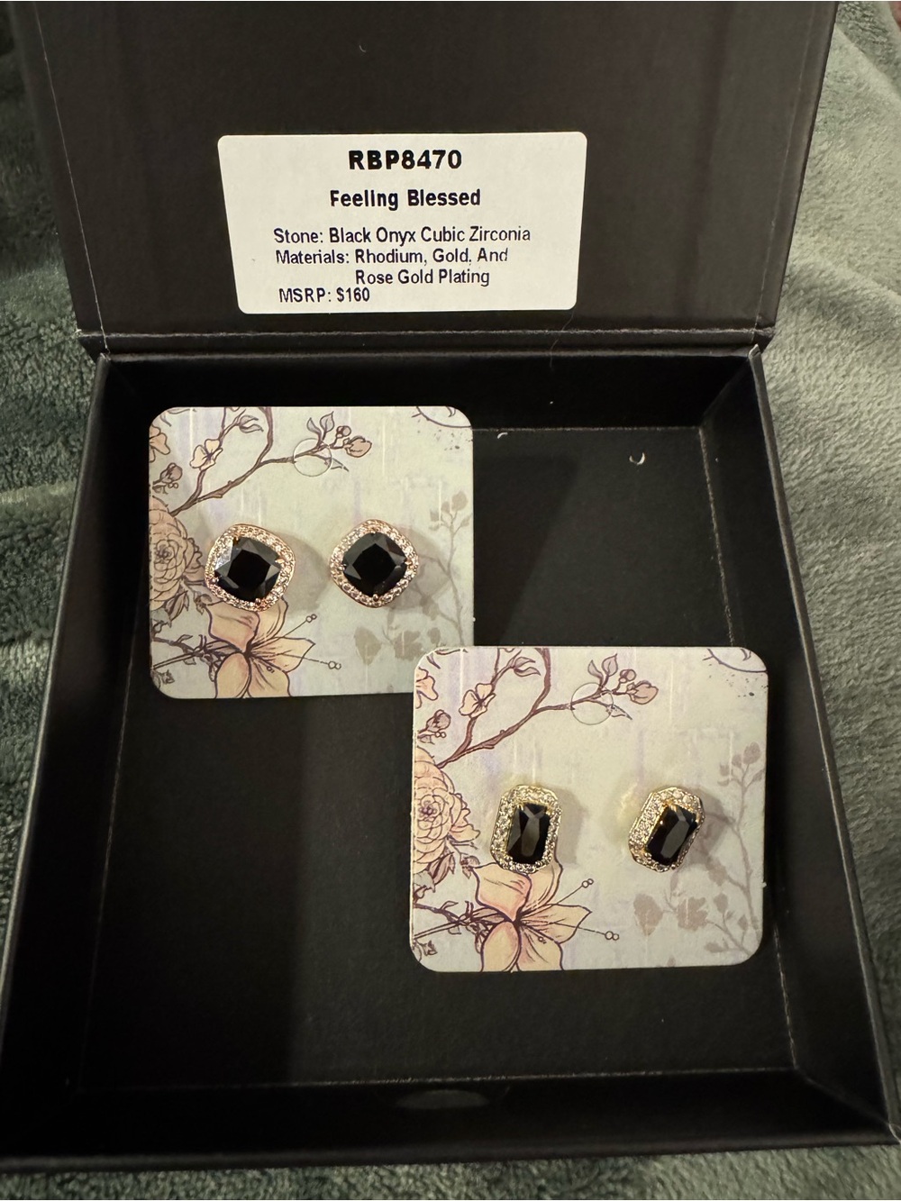 Black Onyx Cubic Zirconia Stud Earrings in Rose Gold Plating